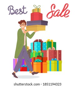 Smiling man with gift boxes in his hands. Young handsome fashion shopper guy with big presents on the background. Holliday sale and shopping concept. Male character in store preparing for the holiday