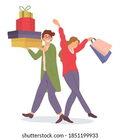 Smiling man with gift boxes in his hands. Girl picks up packages and crosses her legs. Sale advertising. Characters are buying christmas presents for the holiday. People isolated on white background