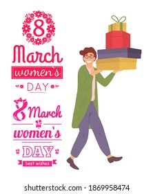 Smiling man with gift boxes in his hands. Young guy carrying presents on white background. Male character in store is prepairing for the March 8. Celebrating the International Women's Day concept