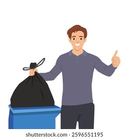 Smiling man gives a thumbs-up while disposing of a garbage bag into a trash bin. Flat vector illustration isolated on white background