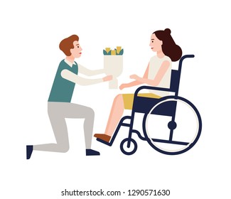 Smiling man giving bouquet of flowers to disabled woman sitting in wheelchair. Girl with physical disorder or impairment and her romantic partner. Colorful vector illustration in flat cartoon style.