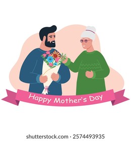 Smiling man giving bouquet of flowers to his old mother. Mother and son or grandson and Grandmother. Mother's Day. Friendly family relationship. Vector flat illustration for Mother's Day