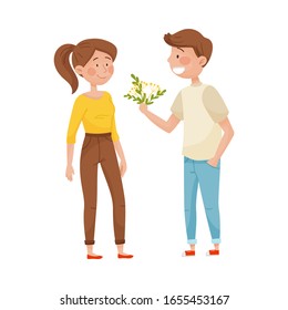 Smiling Man Giving Bunch of Flowers to Woman Vector Illustration