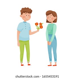 Smiling Man Giving Bunch of Flowers to Woman Vector Illustration