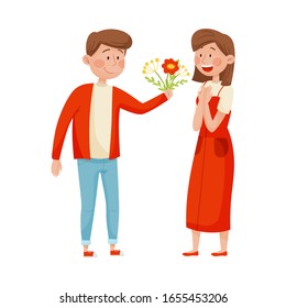 Hombre sonriente le da un puñado de flores a la ilusión vectorial femenina