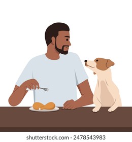 Smiling man giving food chicken drum to excited dog. Flat vector illustration isolated on white background