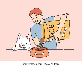 Hombre sonriente dando comida del paquete a un perro emocionado. Un tipo feliz alimenta a una mascota con comida envasada. Ilustración vectorial. 