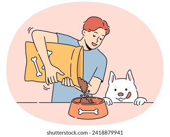 Hombre sonriente dando comida del paquete a un perro emocionado. Un tipo feliz alimenta a una mascota con comida envasada. Ilustración vectorial.