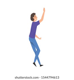 Smiling Man Giving High Five, Guy Greeting Partner or Friend, Man Standing With Raised Hand Vector Illustration