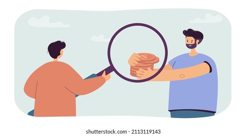 Smiling man giving stack of coins to broker with magnifier. Loan repayment or debt recovery scene flat vector illustration. Finances, investment concept for banner, website design or landing web page