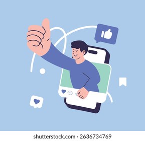 Smiling man giving thumbs up emerging from smartphone screen with social media icons. Flat vector illustration. online approval, digital interaction, and positive engagement in social networks.