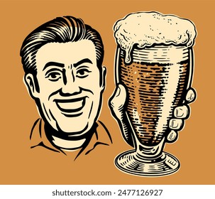 Smiling man with glass of foaming ale. Retro beer advertising poster. Vector illustration in pop art style