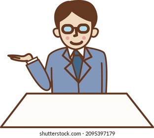 A smiling man with glasses to guide him.