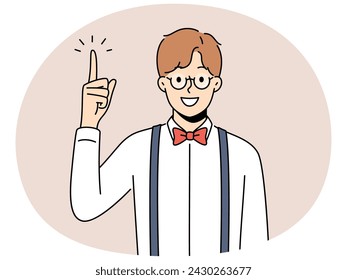 Smiling man in glasses point finger up make decision. Happy male in eyewear develop creative idea, brainstorm get bright answer. Vector illustration.