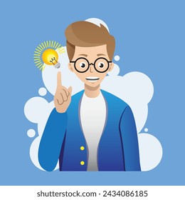 Smiling man in glasses point finger up make decision. Happy male in eye wear develop creative idea, brainstorm get bright answer. Man with light bulb on blue background.
 Vector illustration.