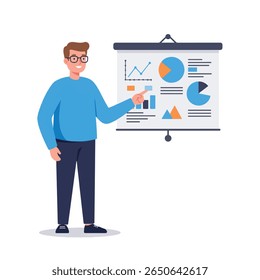A smiling man in glasses points to a presentation board with various charts and graphs.