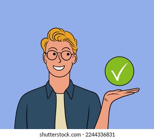 Smiling man with glasses showing tick symbol