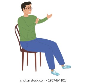 Smiling man with glasses sits on chair. Guy sitting on chair holds card in his hands. Male character holding white piece of paper and looking at something. Person on chair isolated on white background