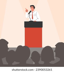 Smiling man in glasses speaks behind podium in hall flat style, vector illustration. Motivation speaker, dark silhouettes of many listening people, emotional character