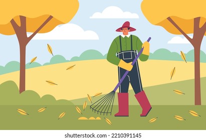 Un hombre sonriente con guantes y botas elimina las hojas caídas de la escena al estilo plano, ilustración vectorial. Temporada de otoño, árboles amarillos, jardinería, carácter en los overoles y sombrero