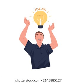 Smiling Man with Glowing Light Bulb Having Idea Vector Illustration