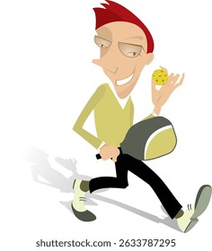 Smiling man going to play pickleball.
Smiling man holds pickleball racket and ball. White background
