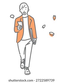 Un hombre sonriente va a trabajar con una sensación refrescante. Una ilustración de dibujo de línea simple y elegante