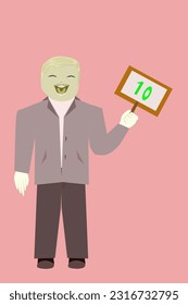 A smiling man in gray suit jacket holding a number 10 sign
