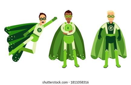 Smiling Man in Green Eco Superhero Costumes Standing and Rushing to the Rescue Vector Illustration Set