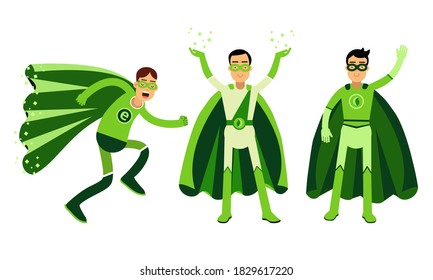 Smiling Man in Green Eco Superhero Costumes Standing and Rushing to the Rescue Vector Illustration Set