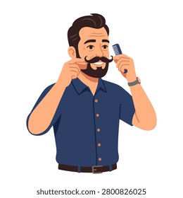 Smiling man grooming his mustache and beard with a comb. Cheerful man in a blue shirt grooming his mustache and beard with a comb and wax against a white background. Ideal for men's lifestyle blogs or barbershop marketing materials.
