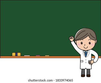 
A smiling man in a guts pose in a white coat standing in front of the blackboard