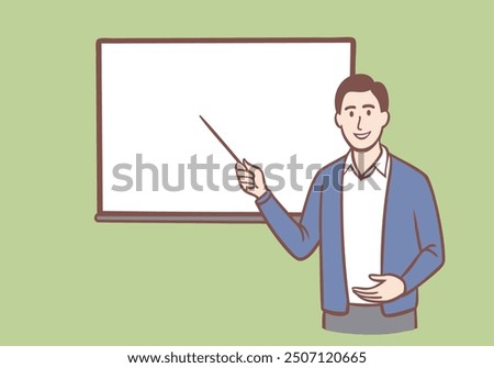 smiling man guy student teacher lecturer explaining on school lesson near blackboard. Hand drawn style vector design illustrations.