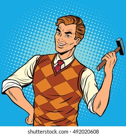Smiling man with a hammer, home repairs, pop art retro vector illustration