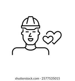 Smiling man in hard hat and two hearts. Engineers and construction workers on dating app. Pixel perfect vector icon