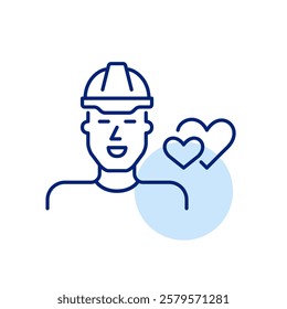 Smiling man in hard hat and two hearts. Engineers and construction workers on dating app. Pixel perfect, editable stroke icon