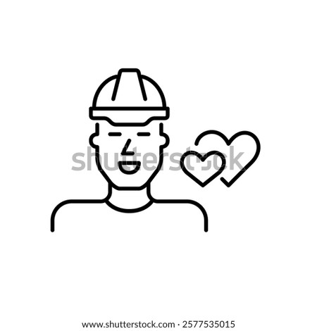 Smiling man in hard hat and two hearts. Engineers and construction workers on dating app. Pixel perfect vector icon