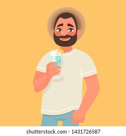 Smiling man with a hat and a cocktail in his hand. The concept of a carefree summer holiday and travel to the southern countries. Tourist. Vector illustration in cartoon style