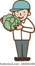 Smiling man in hat holding cabbage (vegetable).