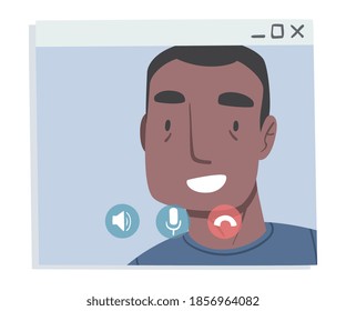 Smiling Man Having Conference Video Call, African American Man Chatting Online, Working from Home, Social Distancing Concept Vector Illustration