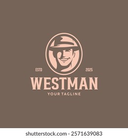 smiling man head logo wearing cowboy hat vector illustration design