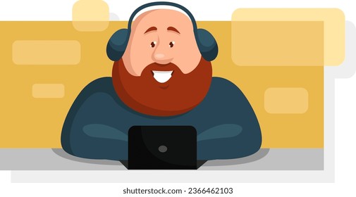 Smiling man with headphones, illustration, vector on a white background.