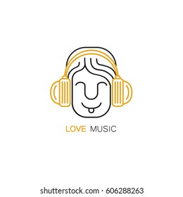 Smiling man with headphones - logo design template in linear style. Element for internet, banner, web page and mobile app. Music concept.
