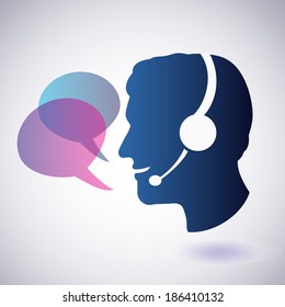 Smiling man with headphones and speech bubbles, call center concept