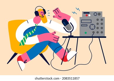 Smiling man in headphones talk on radio on microphone have session with listeners. Happy male presenter or host speak on podcast on mic in air. Live broadcast concept. Flat vector illustration. 