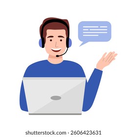 Smiling man in headset sit ta desk talk on video call on computer. Happy male call center agent have online conversation on laptop. Vector illustration.