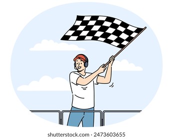 Smiling man in headset waving checkered flag at race on stadium. Happy male employee announce finish of auto racing with flag. Sport competition. Vector illustration.