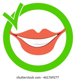 Smiling man with healthy teeth in a circular sign with a green check mark on a white background