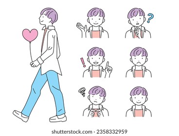 A smiling man with a heart-shaped balloon and an expression set