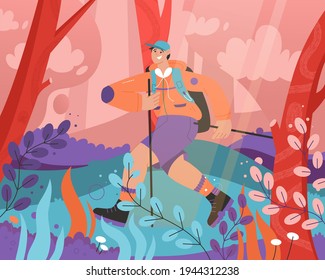 Smiling man hiking at abstract magic forest scene. Colorful garden with trees, blooming plants, leaves and wonderful atmosphere. National Park, picnic outdoor concept. Vector character illustration
